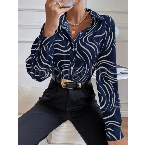 Abstract Print Button Down Collared Long Sleeve Dress Shirt Top Navy Blue - Picture 2 of 8